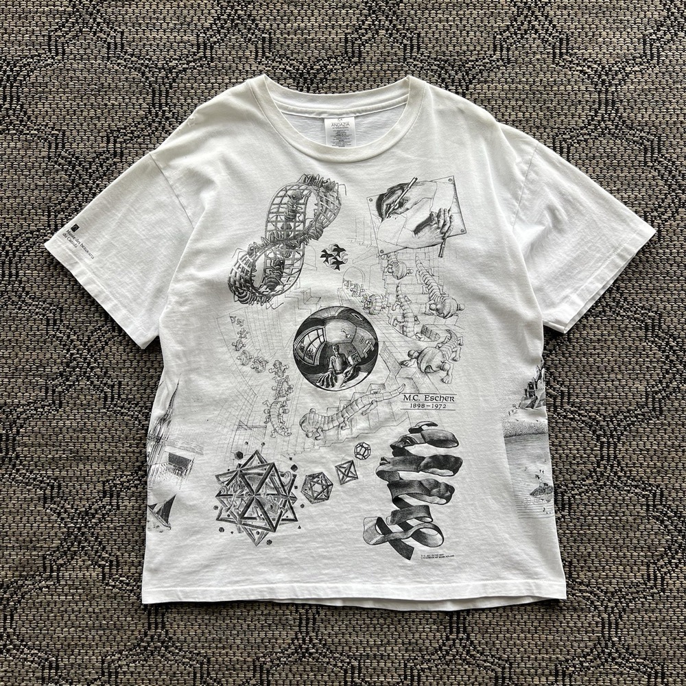 Vintage MC Escher Shirt Mens Large White All Over Print Art 90s Abstract Art